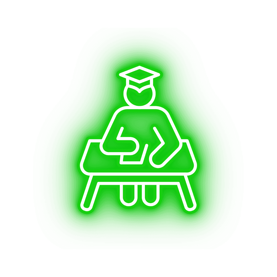 green image of stick figure at a desk with a graduation cap